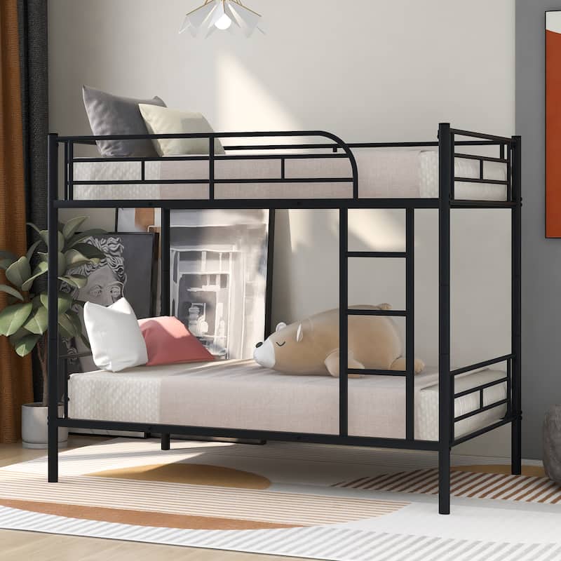 Twin over Twin Metal Bunk Bed with Fence & Ladder - Black