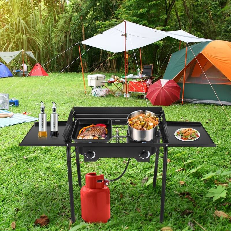 Outdoor Camping 2-Burner Stove High Pressure Propane Gas Cooker with Windscreen and Shelves - N/A