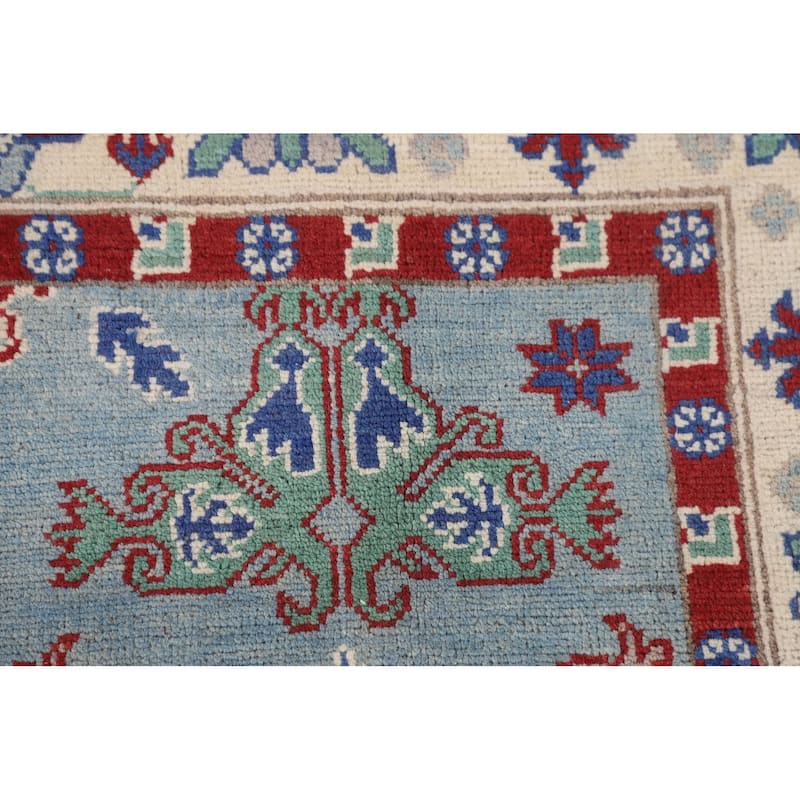 Light Blue Geometric Kazak Rug Handmade Wool Carpet - 4'11" x 6'6"