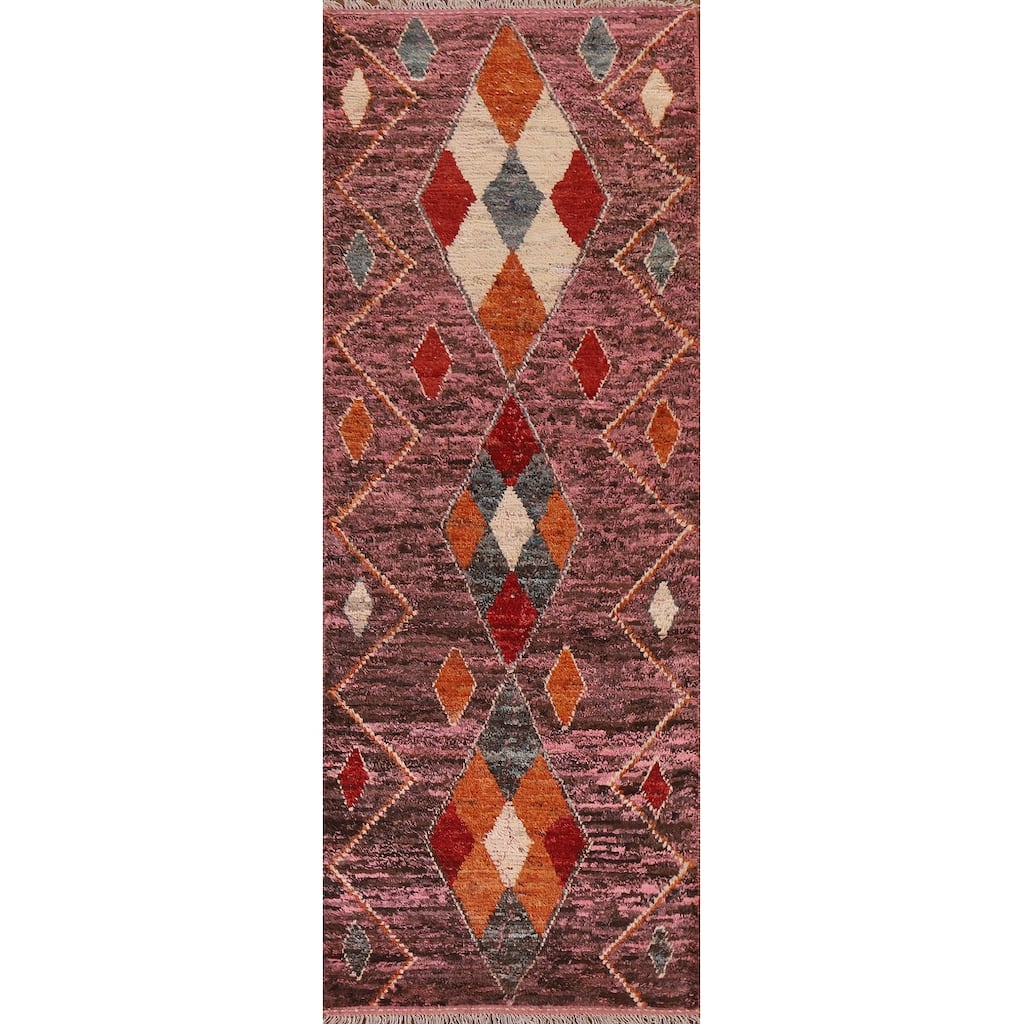 Hand Knotted Oriental 100% Wool Carpet Modern Tribal Pink Moroccan Runner Rug - 9' 10'' X 3' 1''