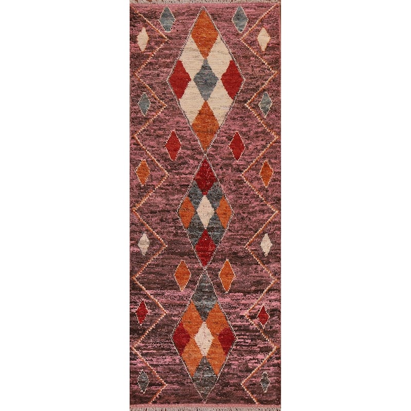 Hand Knotted Oriental 100% Wool Carpet Modern Tribal Pink Moroccan Runner Rug - 9' 10'' X 3' 1''