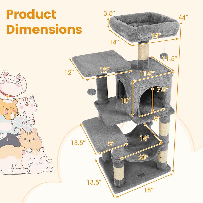 Costway 44” Tall Multi-level Cat Tree with Cushion Top Perch, - See Details