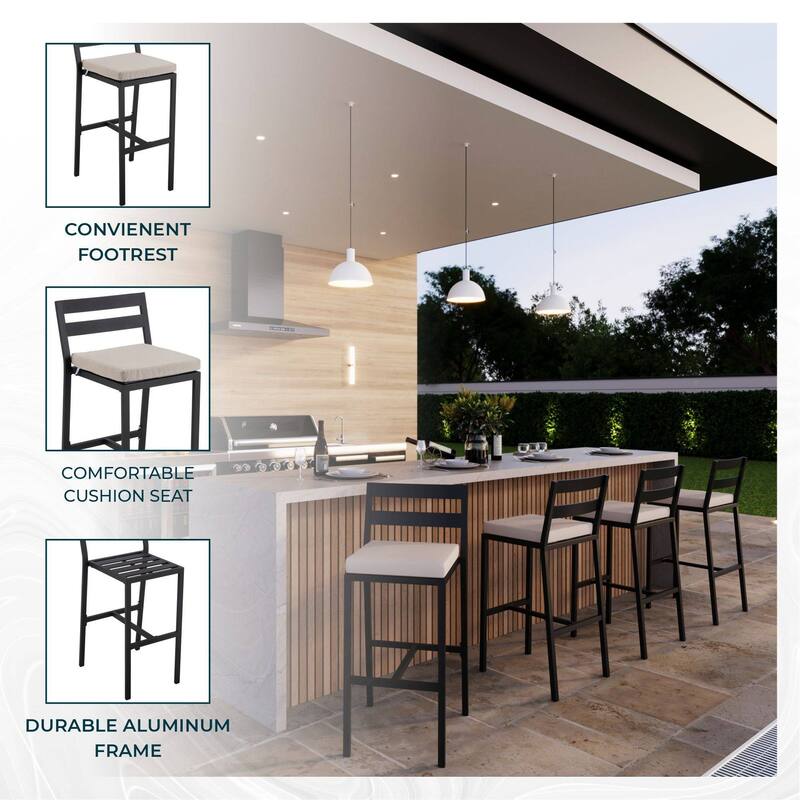 Patio Bar Stool in Powder-Coated Aluminum Frame with Removable Cushion Set of 4