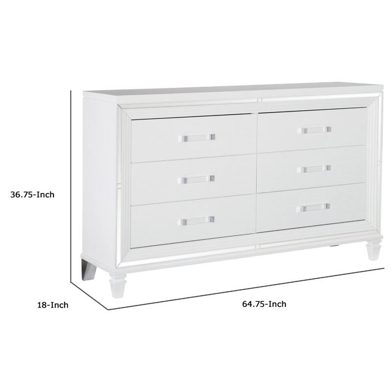 Textured Front 6 Drawer Dresser with Beveled Mirror Trim, White