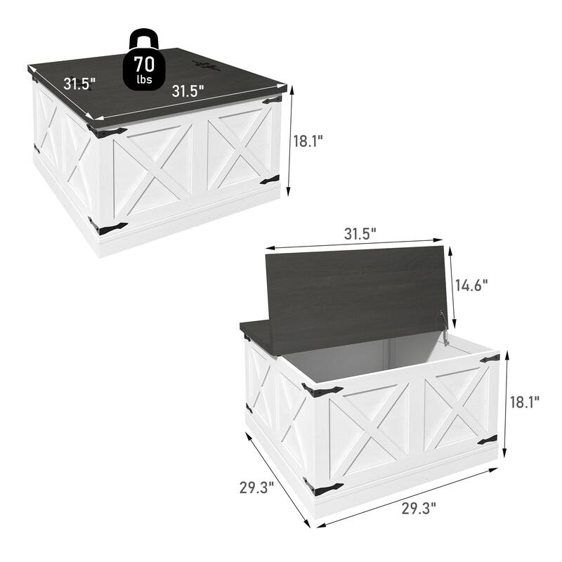 Farmhouse Coffee Table Square Center Table with Barn Door Lift Top and Hidden Storage, for Living Room