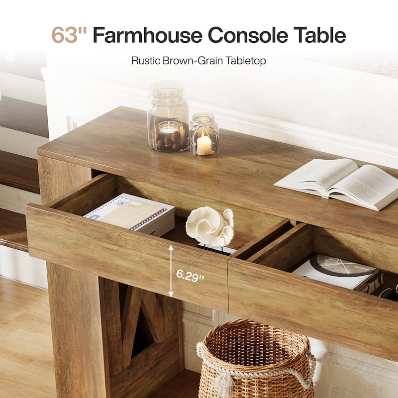 63-Inch Long Console Table, Farmhouse Entryway Table with 2 Drawers