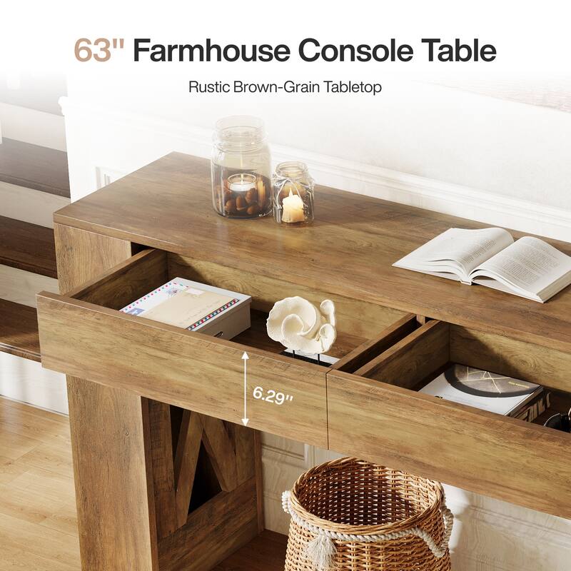 63-Inch Long Farmhouse Console Table with 2 Drawers for Entryway