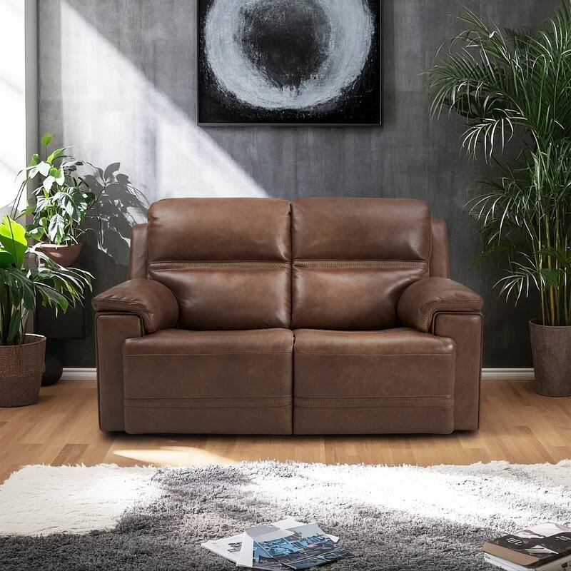 Genuine Leather Dual Power Reclining Loveseat with Zero Gravity, Adjustable Headrest, USB/Type-C - LightBrown