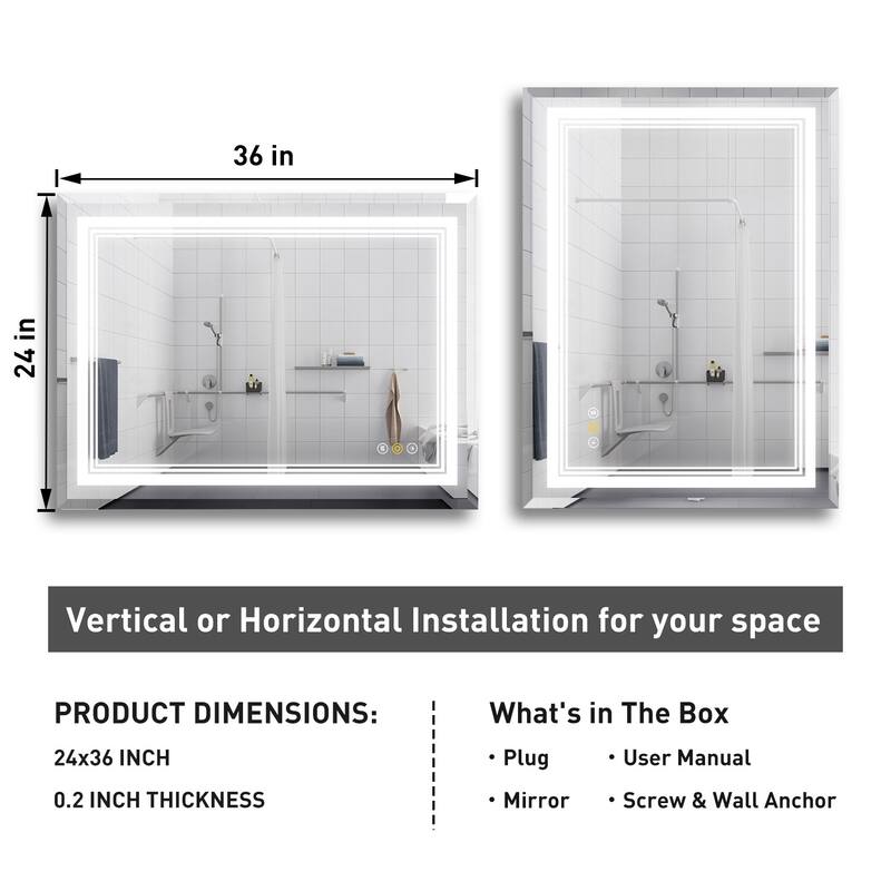 RS Rectangular Wall Mount Vanity Mirror with Lights for Bathroom, 3 Colors Dimmable LED, Anti-Fog, Memory Function
