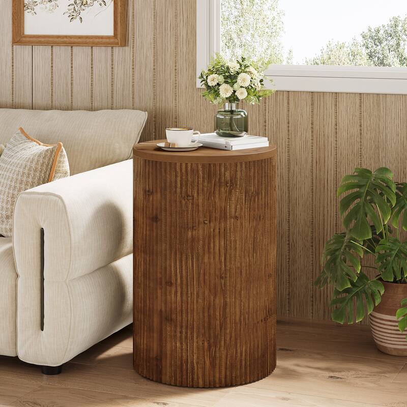Solid Wood Round Side Table with Storage, 4 Wheels, Fully Assembled