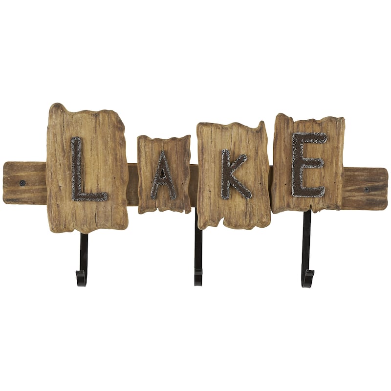 Wood Handmade Live Edge Lake Sign 3 Hanger Home Wall Hook with Metal Accents - Brown - Roche River Decor - Brown