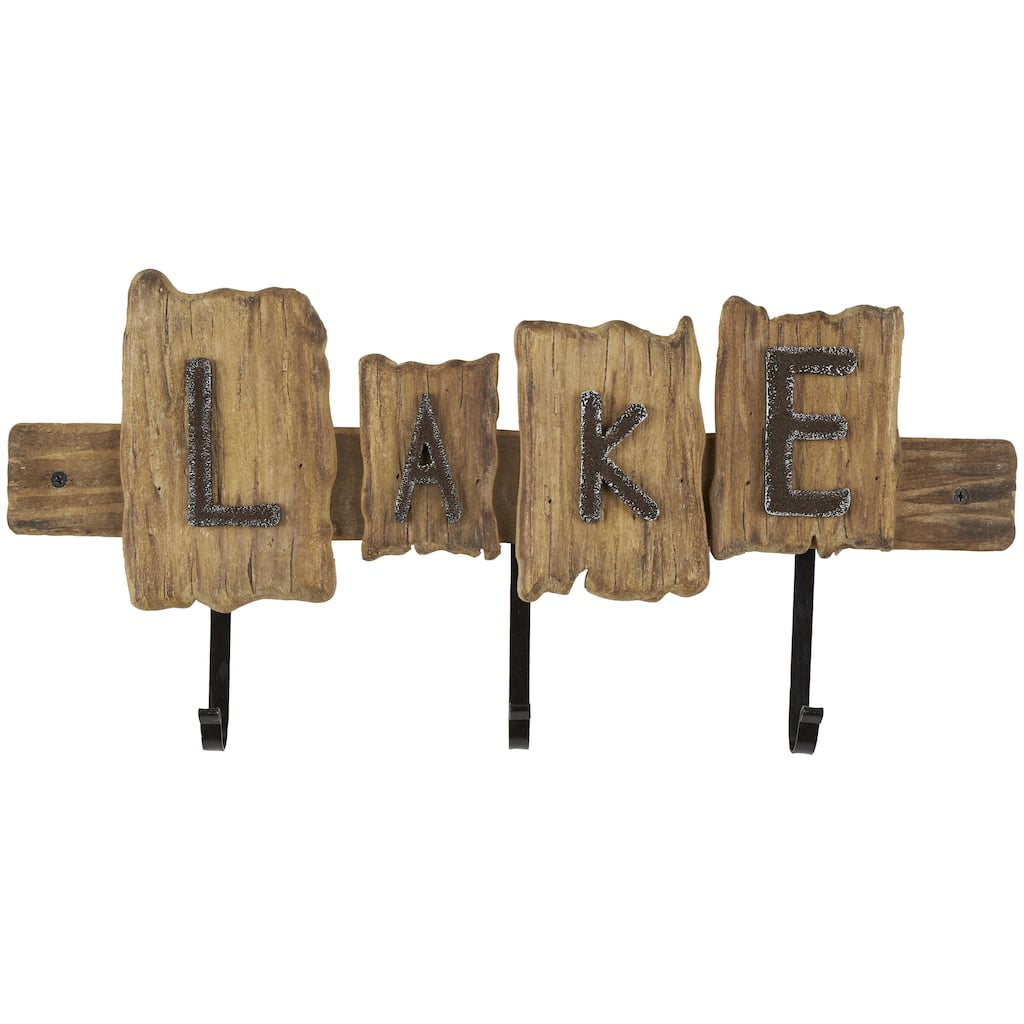 Wood Handmade Live Edge Lake Sign 3 Hanger Home Wall Hook with Metal Accents - Brown - Roche River Decor