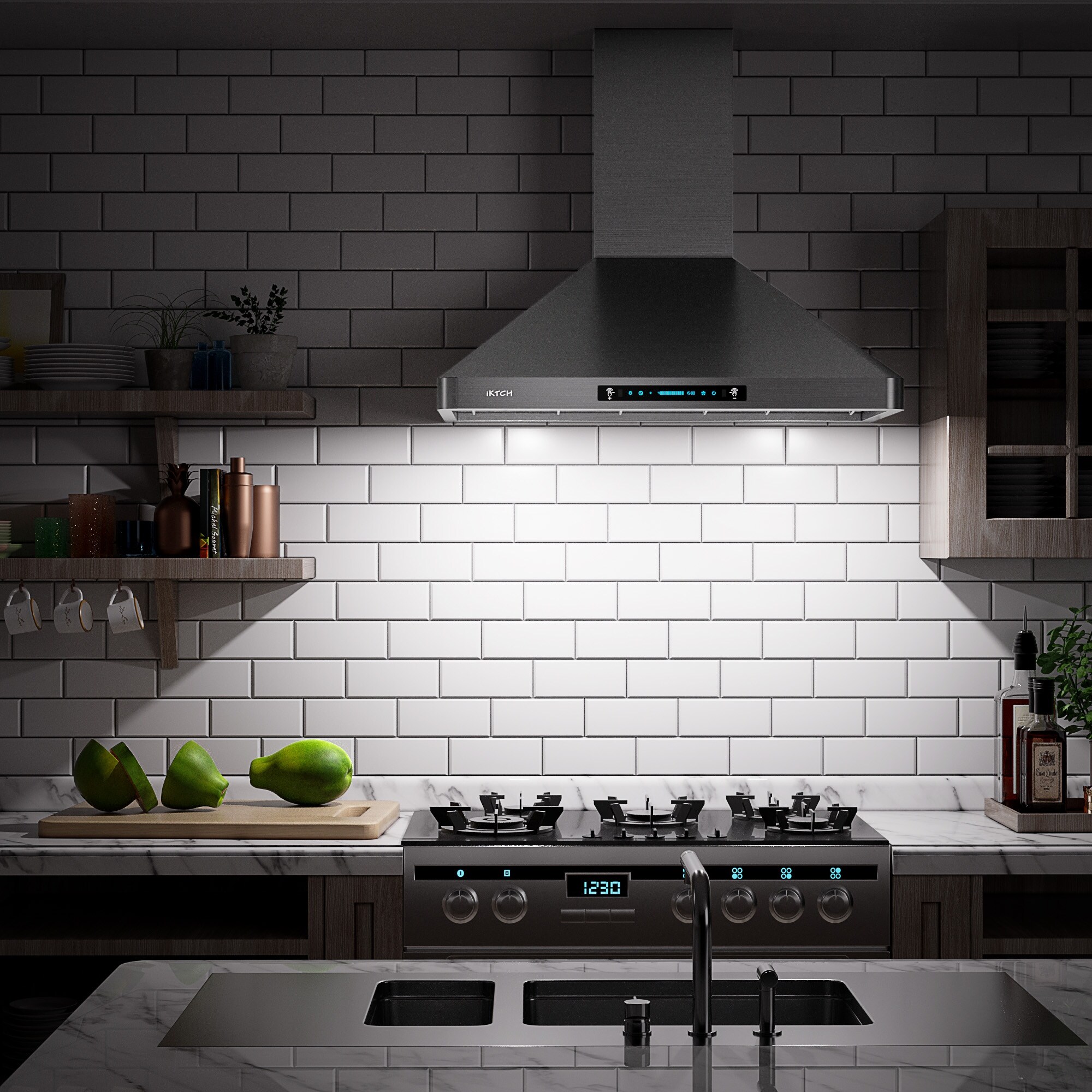 IKTCH IKP0230-BSS IKTcH 30 inch Black Wall Mount Range Hood, 900 cFM  DuctedDuctless Stainless Steel Vent Hood with gesture Sensing & Touch  control