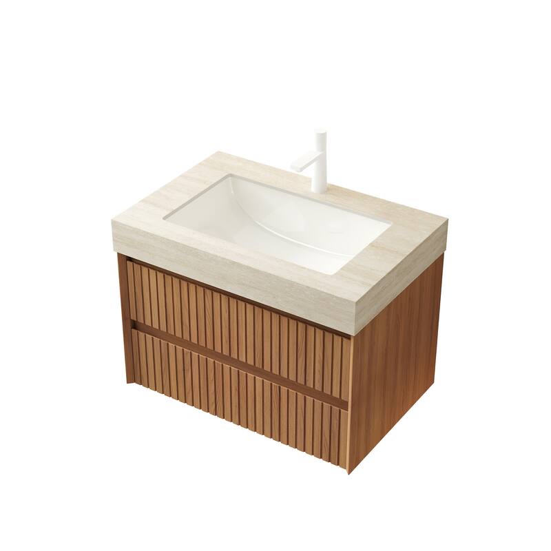 GDFStudio - Tilley Modern Floating Bathroom Vanity with Striped Wood Drawer Fronts & Ceramic Undermount Basin