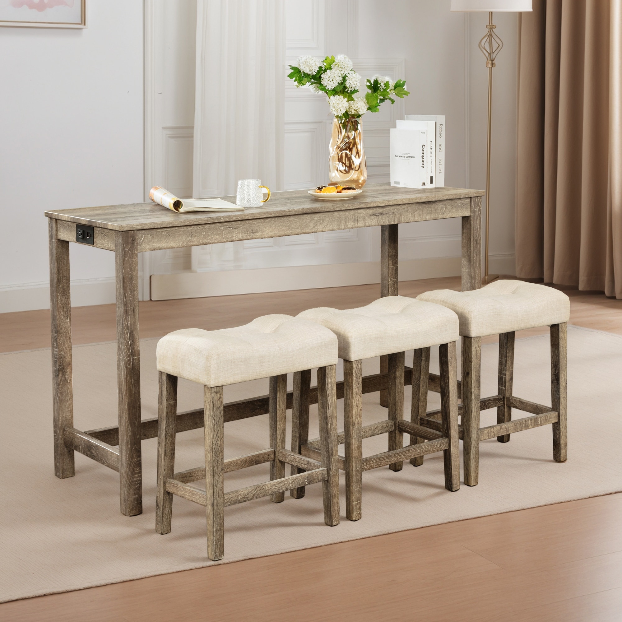 4-Piece Counter Height Bar Table Set,Dining Table and Chairs Set with Power Outlet