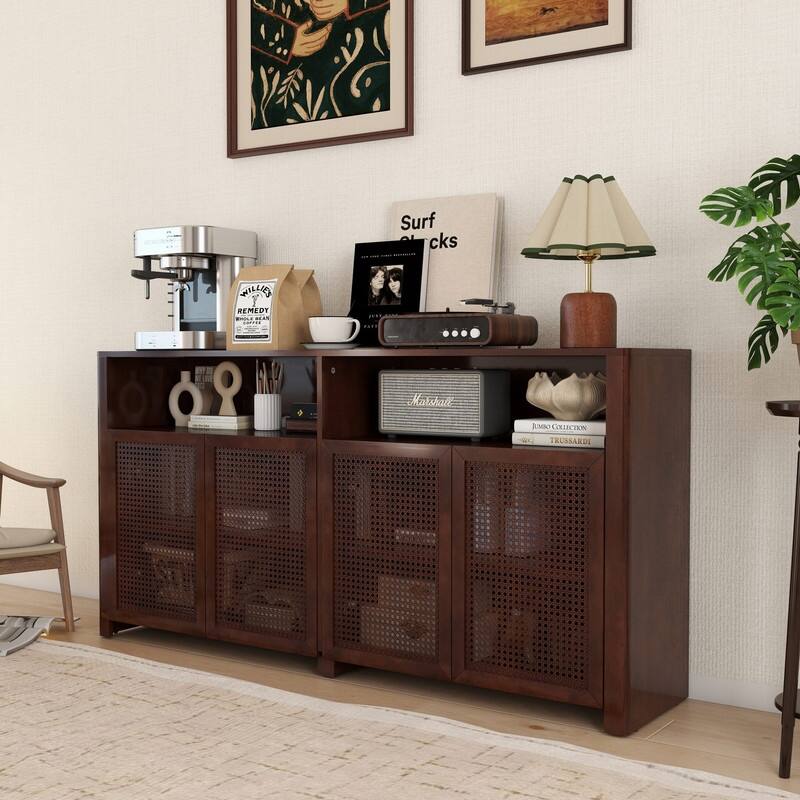 Mid Century Modern 63" Wide 4 - Cane Rattan Door Storage Sideboard with Open Shelf, Wine Bar Credenza for Living Room Entryway