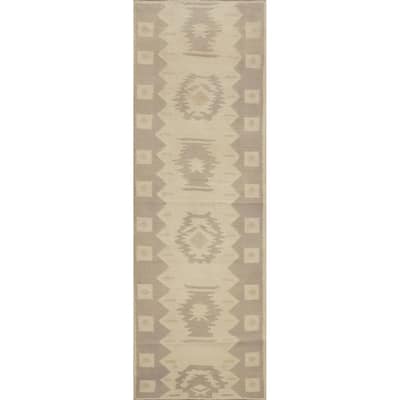 Hand Woven Oriental 100% Wool Carpet Southwestern Tribal Beige & Ivories Kilim Runner Rug - 7' 11'' X 2' 2''