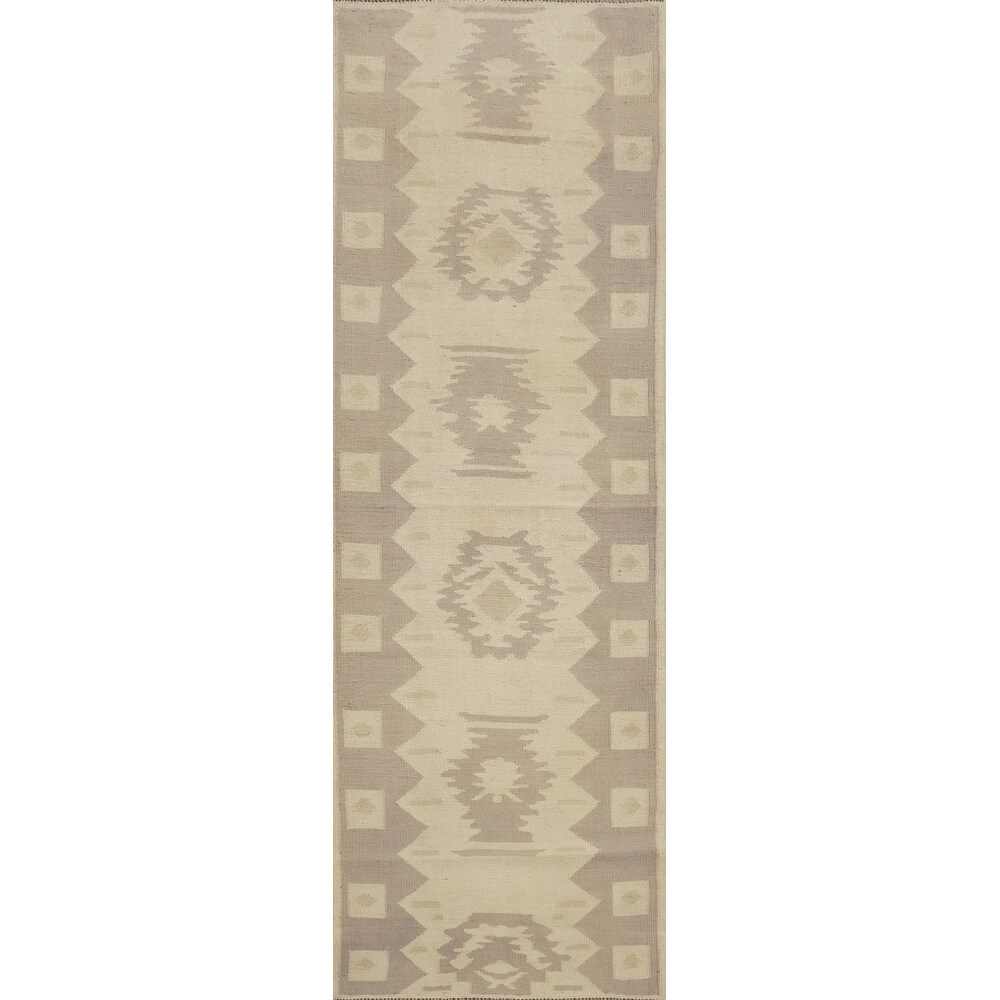 Hand Woven Oriental 100% Wool Carpet Southwestern Tribal Beige & Ivories Kilim Runner Rug - 7' 11'' X 2' 2''