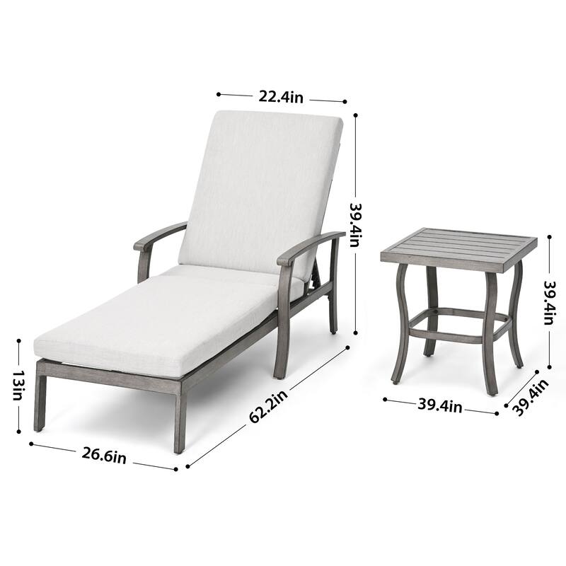 1-Piece Aluminum Patio Chaise Lounge with Side Table and Gray Cushions - Grey