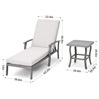 1-Piece Aluminum Patio Chaise Lounge with Side Table and Gray Cushions