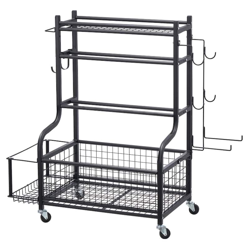 Black Steel Gym Rack with Wheels, Hooks and 4-Tier Storage Shelf - 40.6” L x 16” W x 38” H - 40.6” L x 16” W x 38” H
