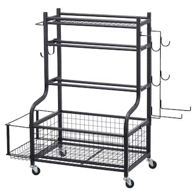 Black Steel Gym Rack with Wheels, Hooks and 4-Tier Storage Shelf - 40.6” L x 16” W x 38” H