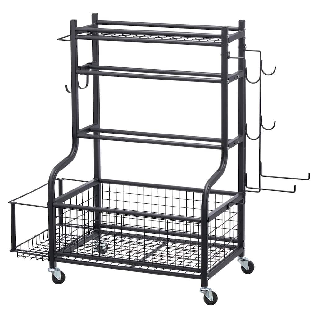 Black Steel Gym Rack with Wheels, Hooks and 4-Tier Storage Shelf - 40.6” L x 16” W x 38” H