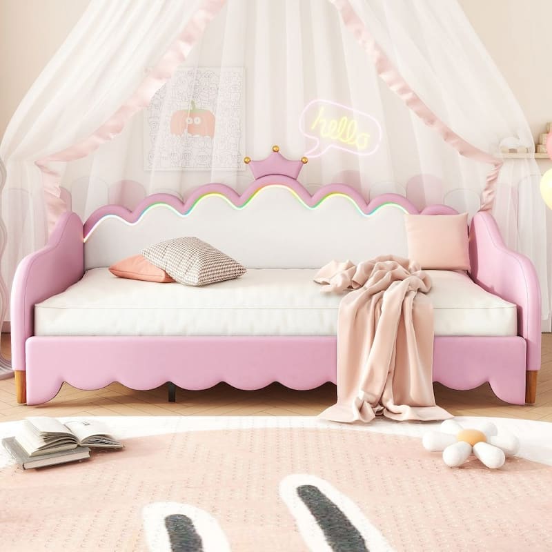 Twin Extending Daybed with LED Lights, Modern Upholstered Princess Daybed - Pink