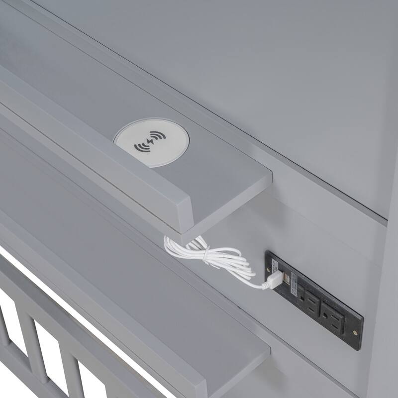 Twin Size House Bed with Upholstered Sofa, House Bed with Charging Station,Gray