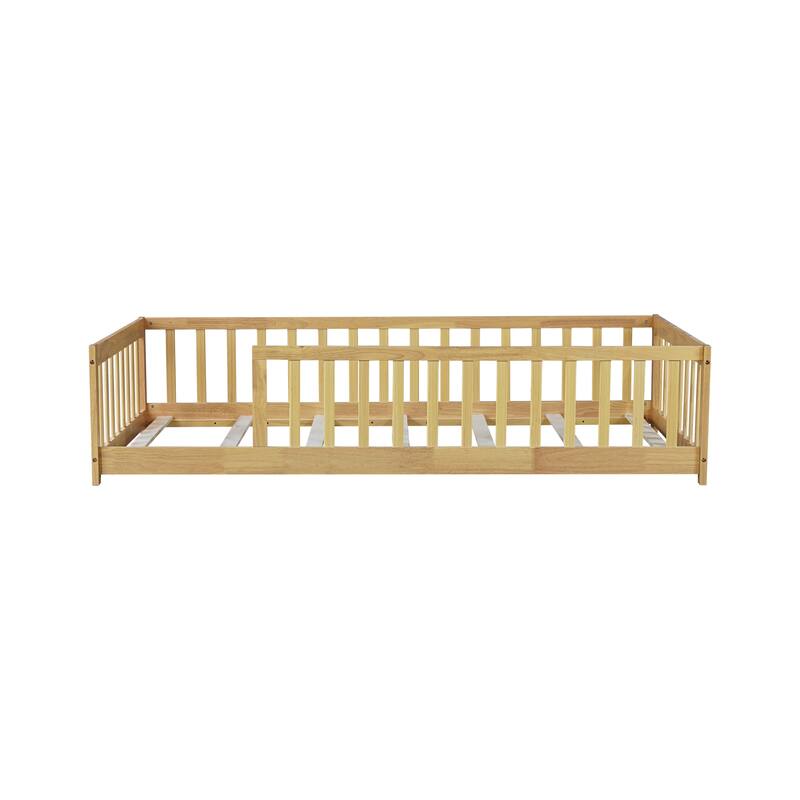 Montessori Twin Size Toddler Floor Bed with Fence without Door, Open-row Design Wood Frame Platform Bed with Safety Guardrails
