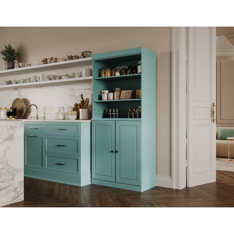 100% Solid Wood Kitchen Pantry Cabinet with 2 Clear Glass or Solid Wood Doors and 2-Drawer Organizer by Palace Imports