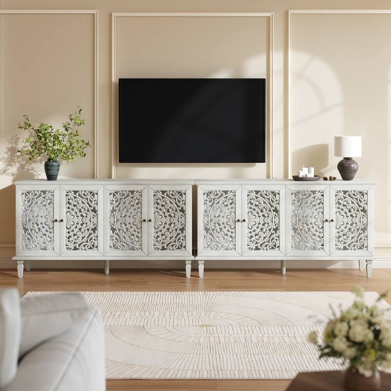 60" Antique Buffet Sideboard with Floral Carvings Solid Wood Legs and Adjustable Shelves for Versatile Storage