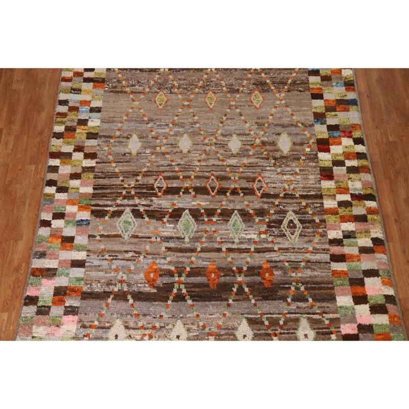 Hand Knotted Oriental 100% Wool Carpet Tribal Checkered Brown Moroccan Area Rug - 9' 10'' X 6' 10''