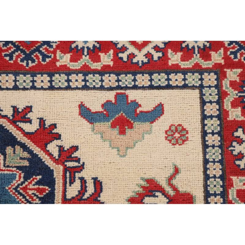 Geometric Ivory Kazak Accent Rug Hand-Knotted Wool Carpet - 3'11" x 5'11"