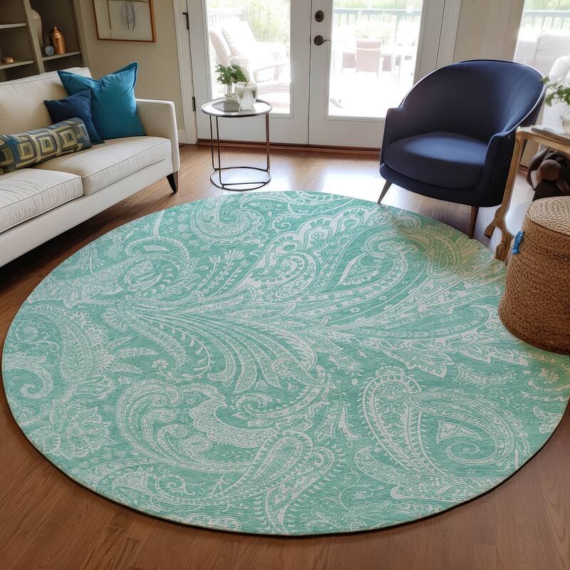 Machine Washable Indoor/ Outdoor Chantille Paisley Traditional Rug - Teal - 8' x 8'