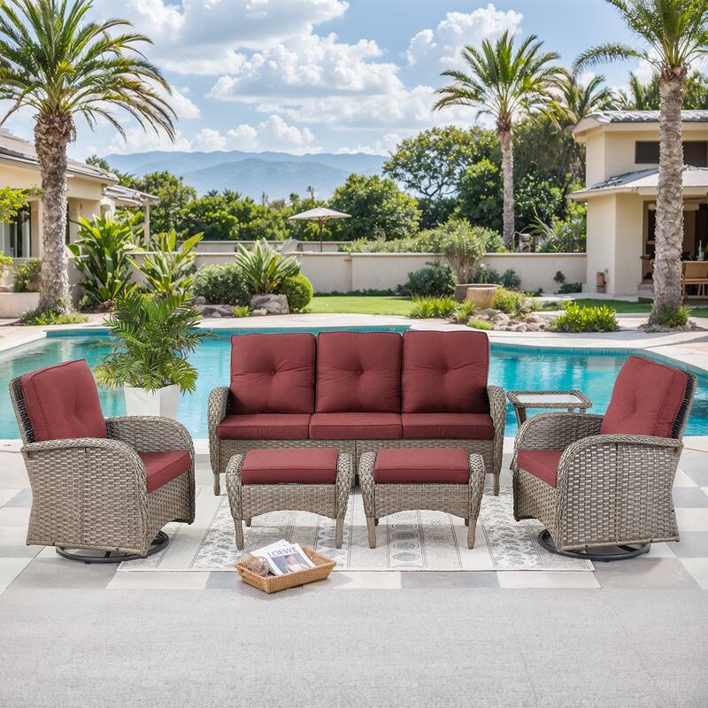6 Pieces Patio Sofa Chairs Ottoman Grey-Red - Grey - Grey - Red