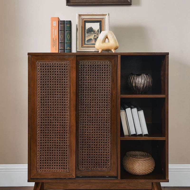 31" Mid Century Modern Rattan Storage Buffet/Sideboard