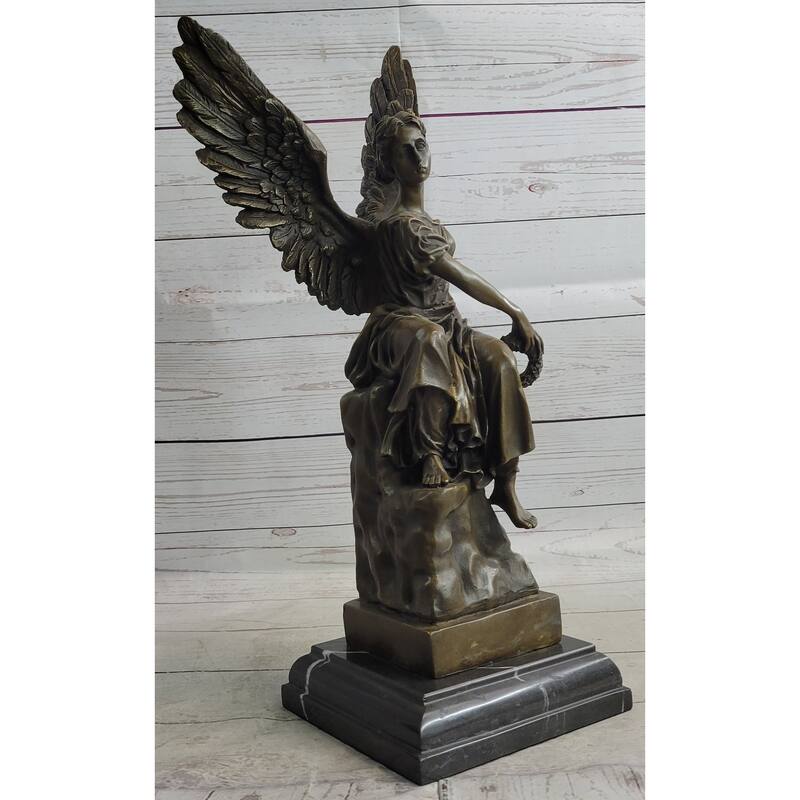Bronze Statue Of Seated Angel Holding Wreath Sculpture On Marble Base 17 Inches X 9 Inches