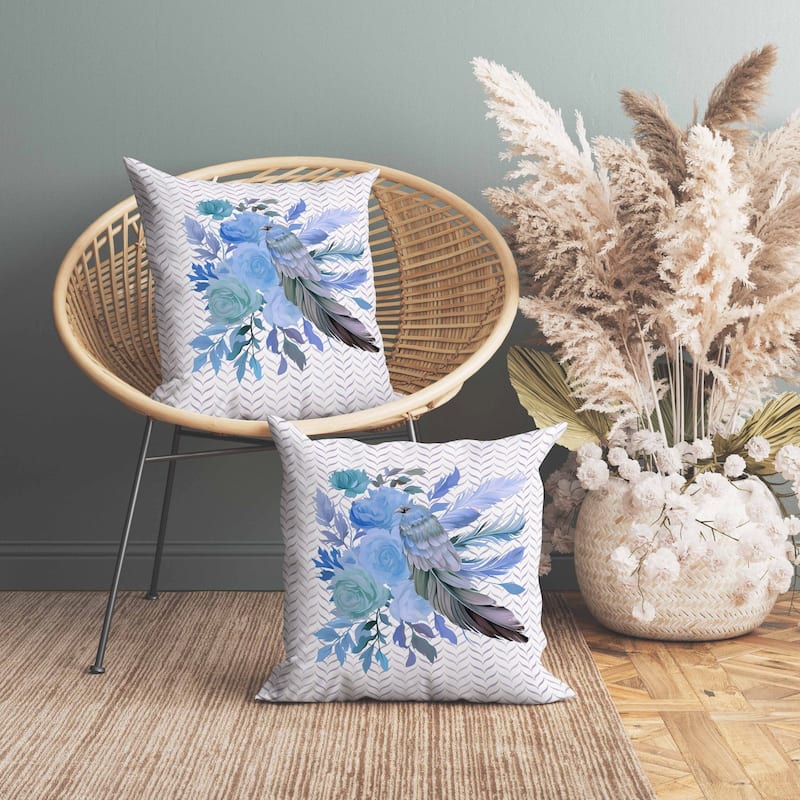 Feathered Bouquet Indoor/Outdoor Reversible Throw Pillow White and Blue