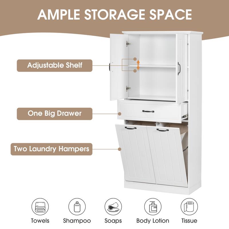 Bathroom Storage Cabinet with Two Laundry Baskets, Storage Cabinet with Doors and Drawer for Home