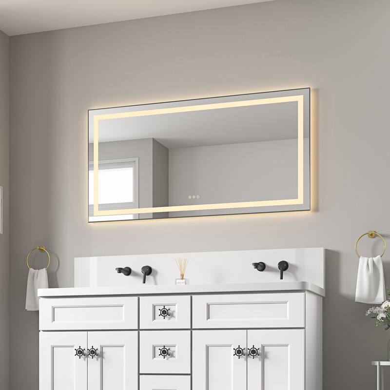 55" x 28" LED Bathroom Mirror with Front and Backlight, Wall Mounted Vanity Mirror with Aluminum Frame, Anti-Fog - Gun Ash