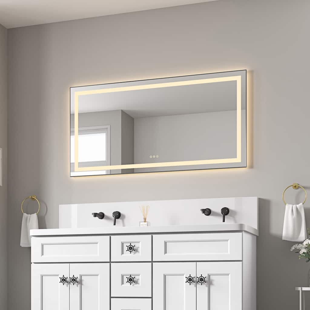 55" x 28" LED Bathroom Mirror with Front and Backlight, Wall Mounted Vanity Mirror with Aluminum Frame, Anti-Fog
