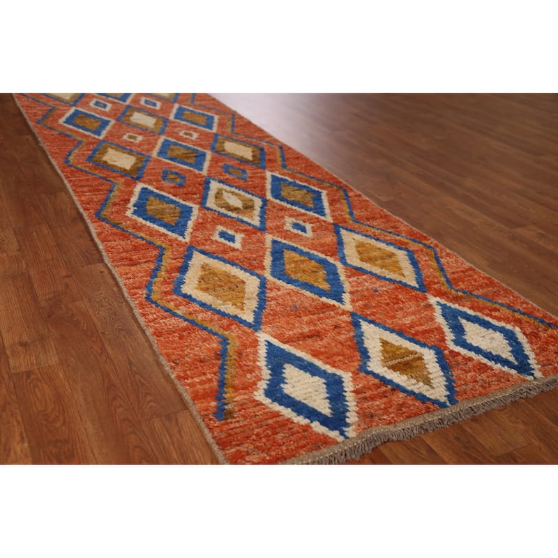 Orange Moroccan Oriental Runner Rug Hand-Knotted Tribal Wool Carpet - 2'10" x 9'9" - 2'10" x 9'9" - Orange