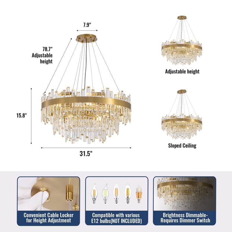 32 in. 4-Tier Modern Crystal Chandelier Brass Gold Round Crystal Raindrop Chandelier Contemporary Pendant Light for Dining Room
