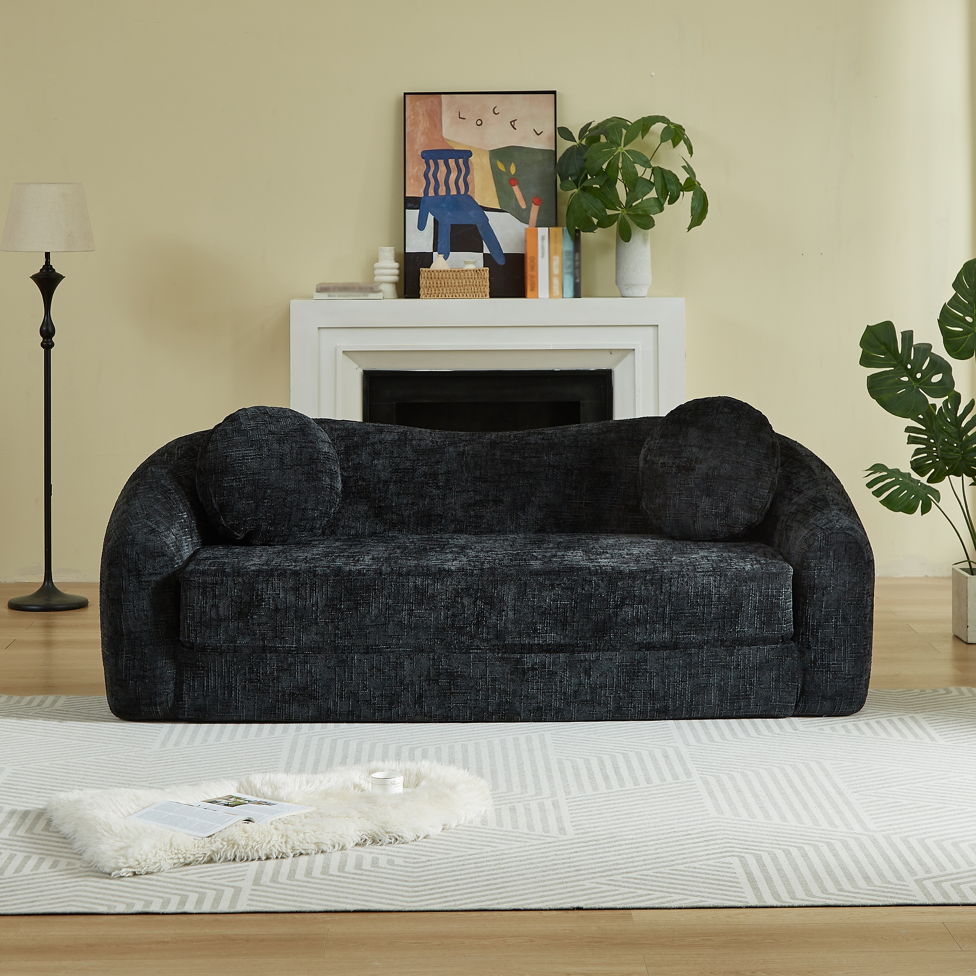Curved Convertible Sofa Couch with Pillows, Black 2-Seater Sofa Couch Loveseat for Living Room Bedroom