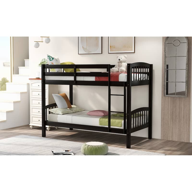 Twin over Twin Solid Wood Bunk Bed with Ladder and Fence