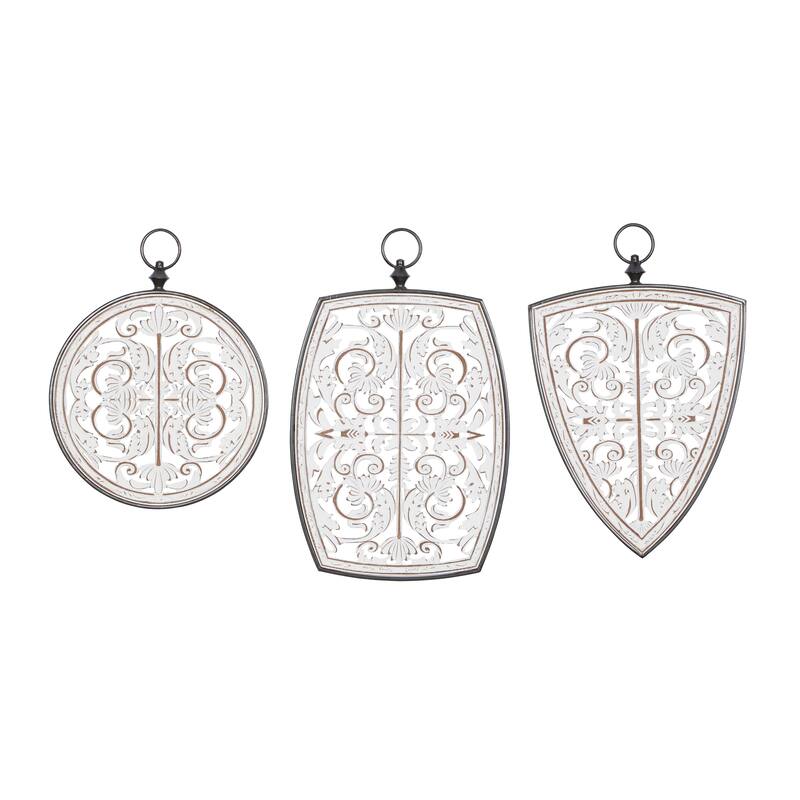 Wooden Floral Carved Design Home Wall Decor with Ring Hanger - Set of 3 White - Roche River Decor - White