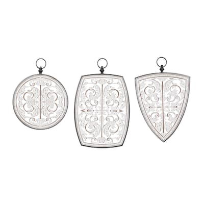 Wooden Floral Carved Design Home Wall Decor with Ring Hanger - Set of 3 White - Roche River Decor