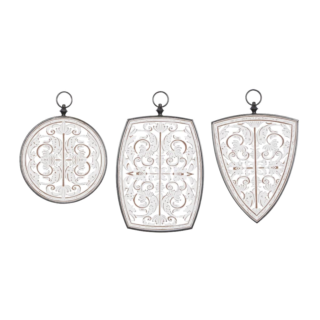 Wooden Floral Carved Design Home Wall Decor with Ring Hanger - Set of 3 White - Roche River Decor