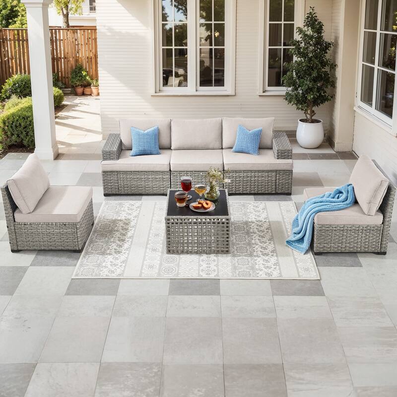 Gymojoy Outdoor Wicker Sectional Sofa Set with Glass Table, Wide Armrests & Water-resistant Cushions, Patio Furniture for Garden